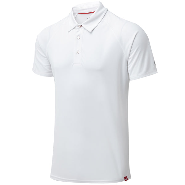 Gill UV008 herre polo i hvid, set forfra med synlige detaljer.