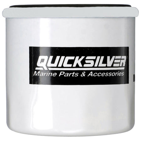 Oliefilter fra Quicksilver, 20-mikron, set forfra på hvid baggrund.