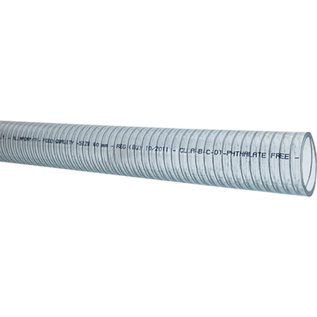 Klar PVC slange fra SeaTec med stålspiral, 28mm x 30m, egnet til fødevarekvalitet