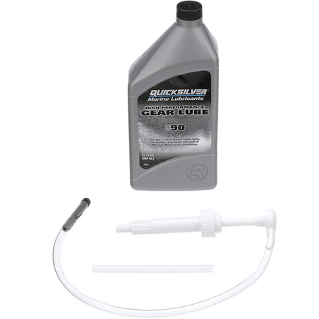 Quicksilver HP gear lube 1L med pumpe set fra siden, klar til brug.