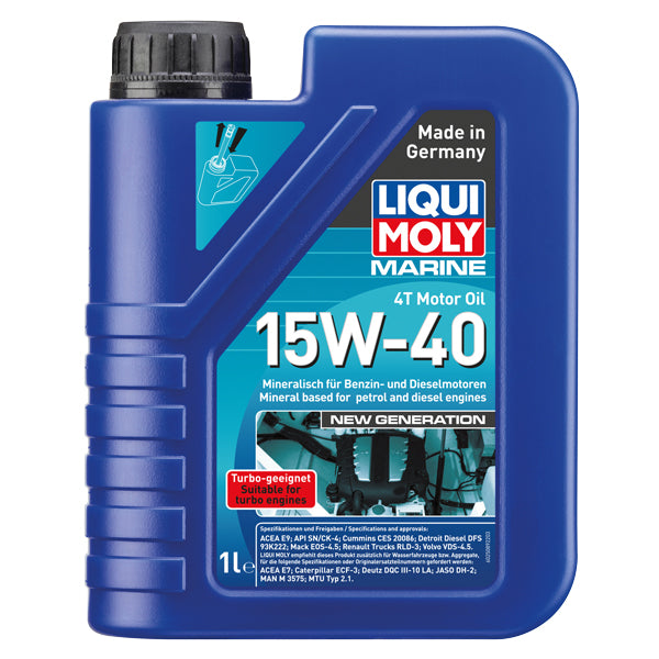 Liqui Moly 4T 15W-40 olie i 1 liter flaske, egnet til marine motorer