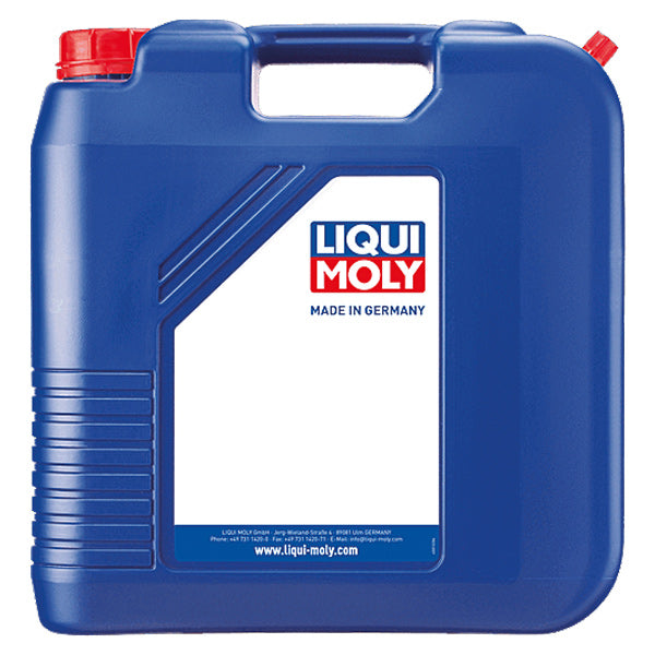 Liqui Moly 4T 15W-40 olie i 20 liters dunk, fremvist på en hvid baggrund.