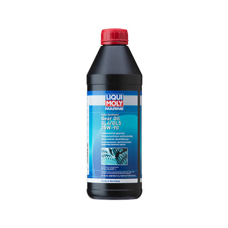 Liqui Moly marine gearolie i 1 liters flaske, synlig etiket og indhold.
