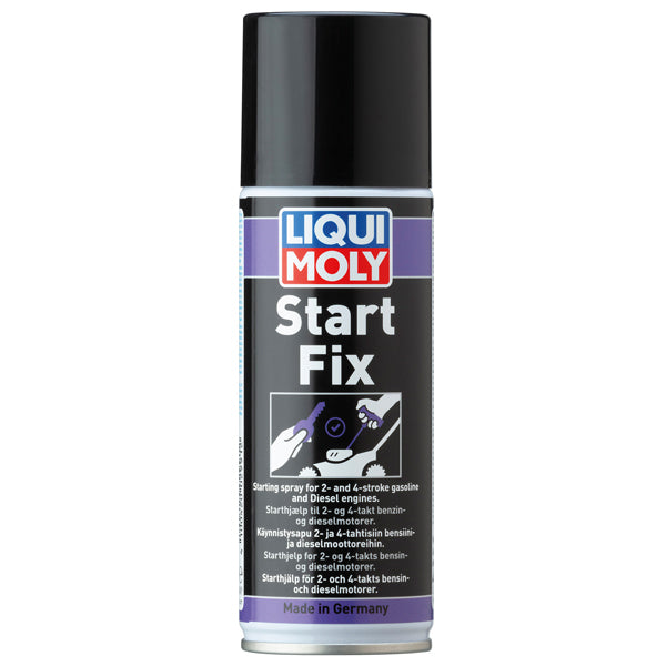 Liqui Moly Start Fix Starthjælp præsenteret på bord i værkstedsmiljø.