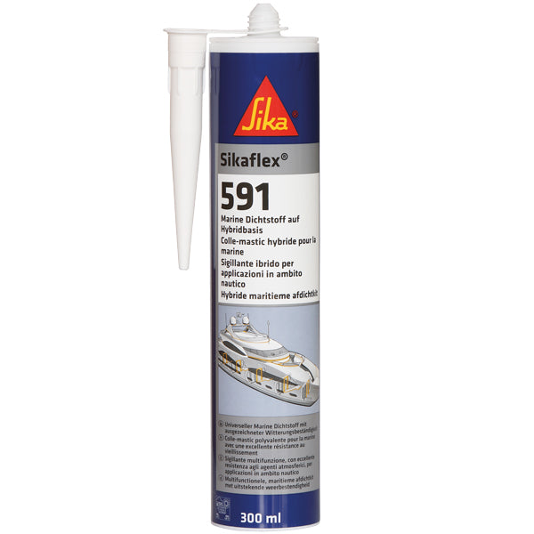 Sika flex 591 hvid 300 ml patron set forfra med et klart fokus på emballagen.