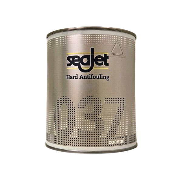 Dåsen med SeaJet 037 bundmaling vist fra siden med detaljer om produktet