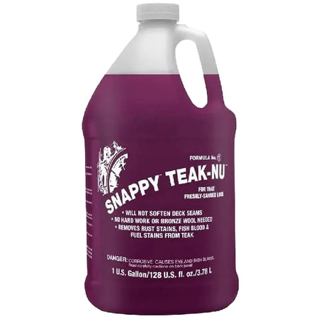Snappy Teak olie i 3,8 liters beholder, klar til brug på bådudstyr