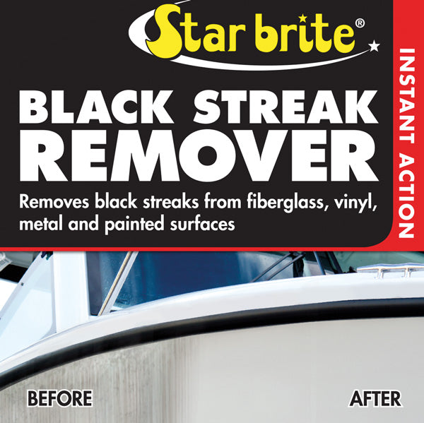 Star Brite Instant black streak remover anvendt på båd, der fjerner sorte striber
