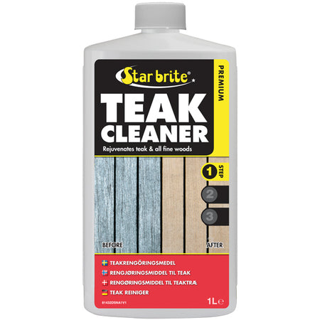 Star Brite teak cleaner i 1000 ml flaske, stående på hvid baggrund