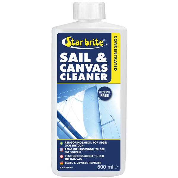 Star Brite, Sail & Canvas Cleaner 500 ml, præsenteret på en båd i havnen