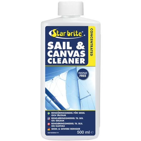 Star Brite, Sail & Canvas Cleaner 500 ml, præsenteret på en båd i havnen