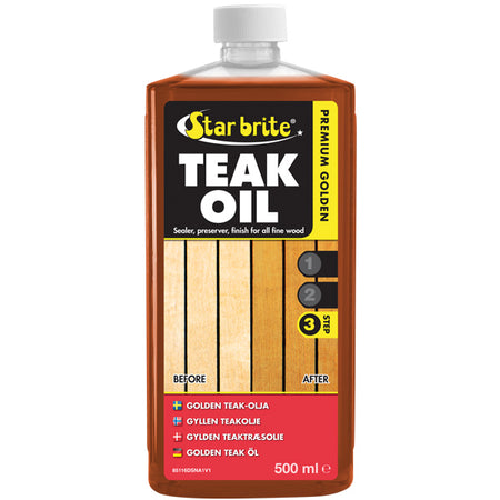 Star Brite Premium Gold Teak Olie i 500 ml flaske set fra siden.