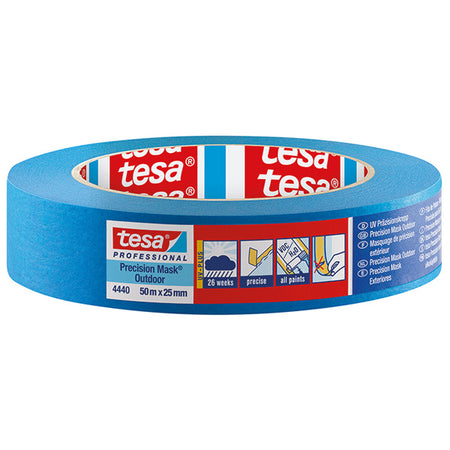 Tesa tape i blå farve rullet op med mål 50m x 19mm