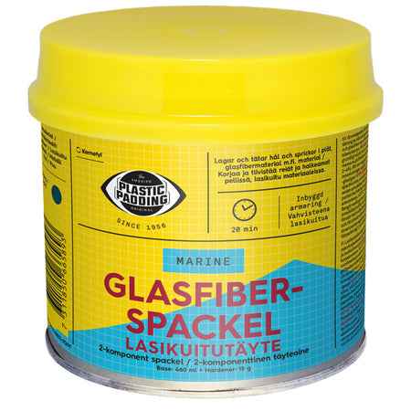 Plastic Padding, Glasfiberpasta i 460 ml beholder, klar til reparation af båd.