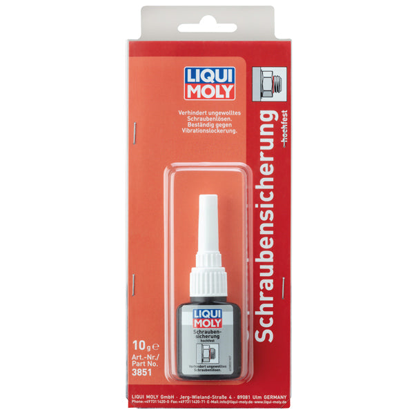 Låsevæske fra Liqui Moly set tæt på med detaljeret etikette