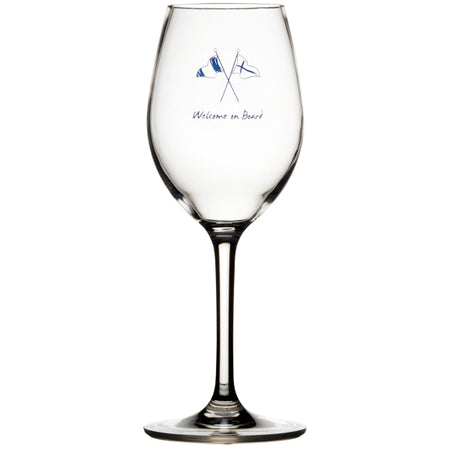 Velholdt Marine Business vin glas i klar glas, placeret på et bådspisebord.