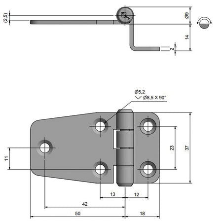 Roca hængsel set fra siden, der fremhæver design og dimensioner.