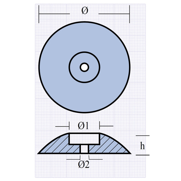 Rund zinkanode fra Tecnoseal med detaljevisning af overfladen.