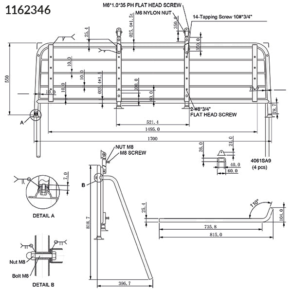 Set ovenfra, 1852 badeplatform med L-170cm og D-55cm dimensioner