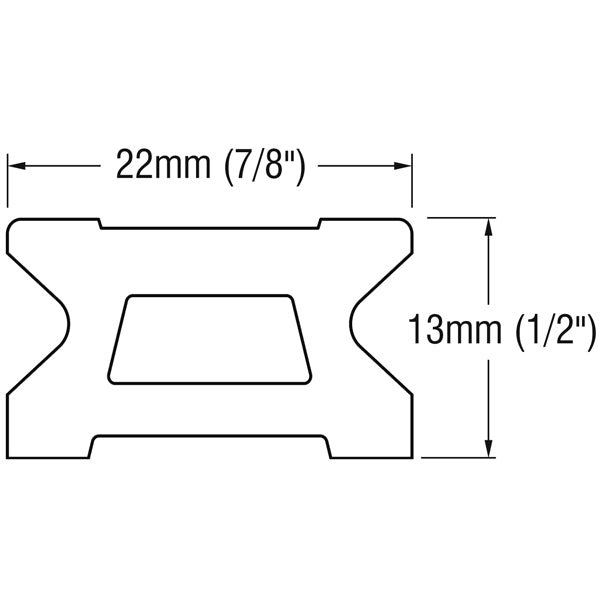 Detalje af Ronstan 22mm skødeskinne, set forfra