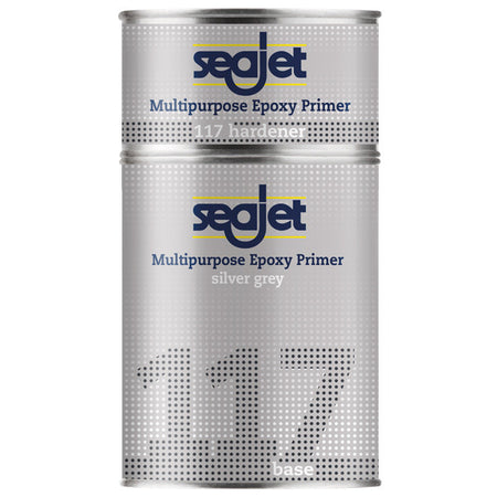 SeaJet 117 Multipurpose Epoxy Primer i sølvgrå farve, vist i en krukke på neutral baggrund.